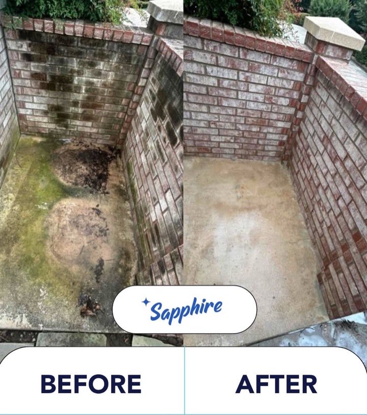 A brick corner covered in moss and stains before, and clean brick and concrete after