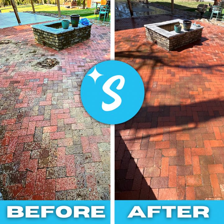 A brick patio with a fire pit, dirty before and clean after pressure washing