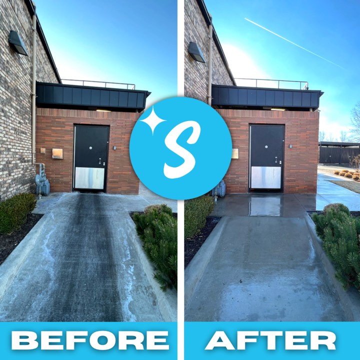 A walkway to a business's back door, dark and streaked before and clean after pressure washing