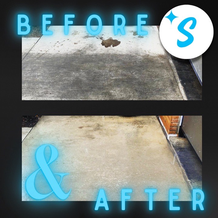 A concrete pad with dark stains before and clean concrete after pressure washing