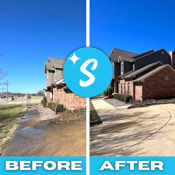 A front sidewalk by a brick house, stained before and clean after pressure washing