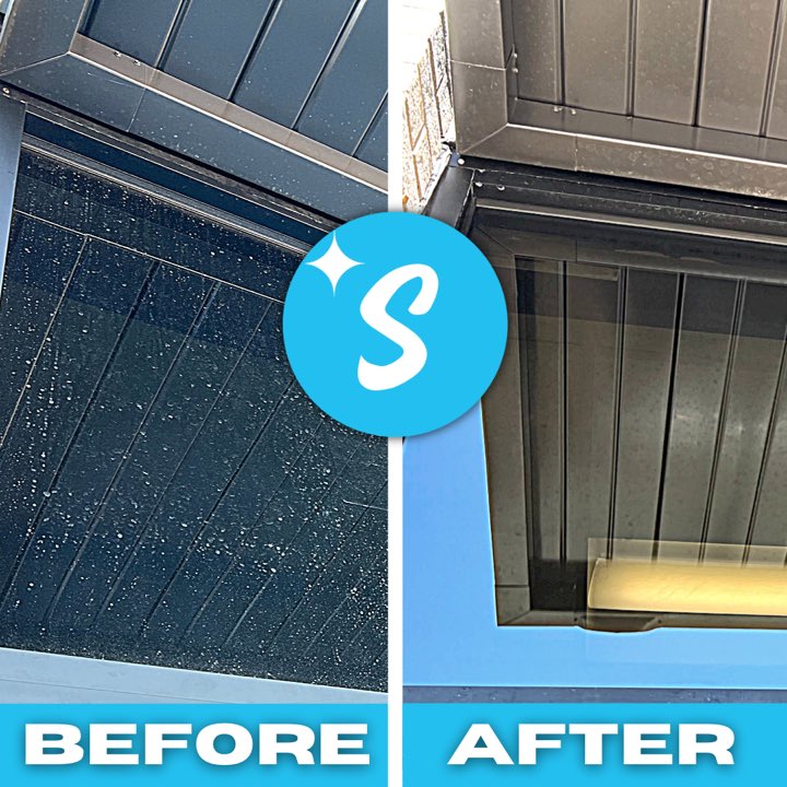 Dark glass covered in water spots before and clear after window cleaning