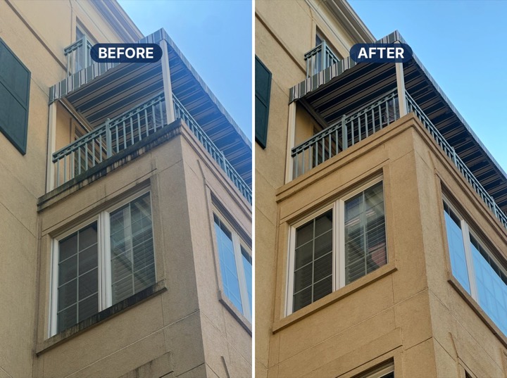 A stucco wall before and after soft washing