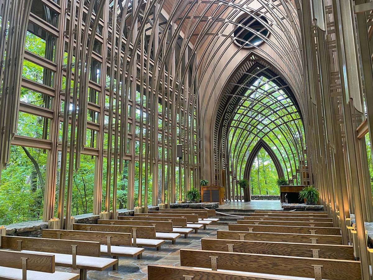 Inside the glass Mildred B. Cooper Memorial Chapel in Bella Vista
