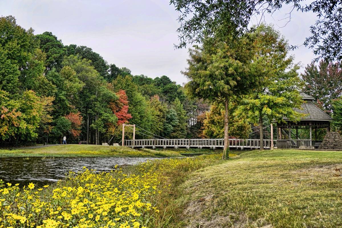 The footbridge and gazebo at Lake Willastein in Maumelle