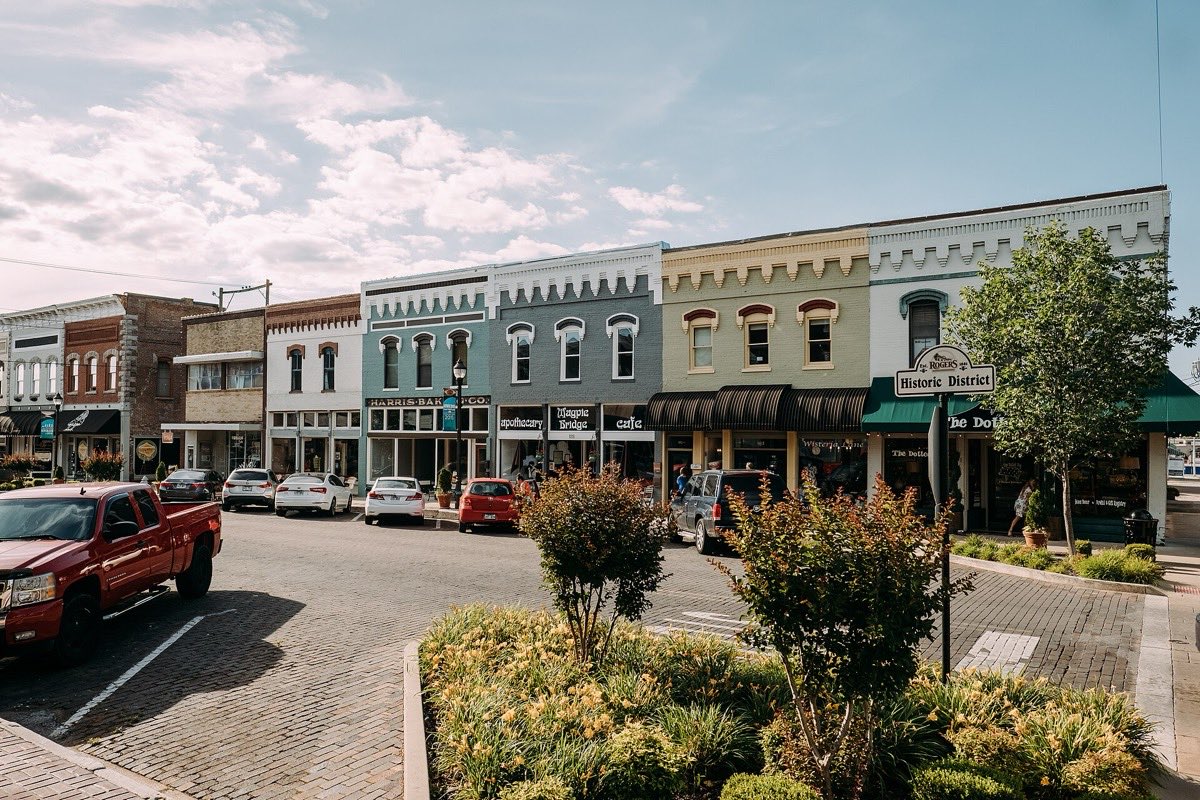 Historic storefronts in downtown Rogers